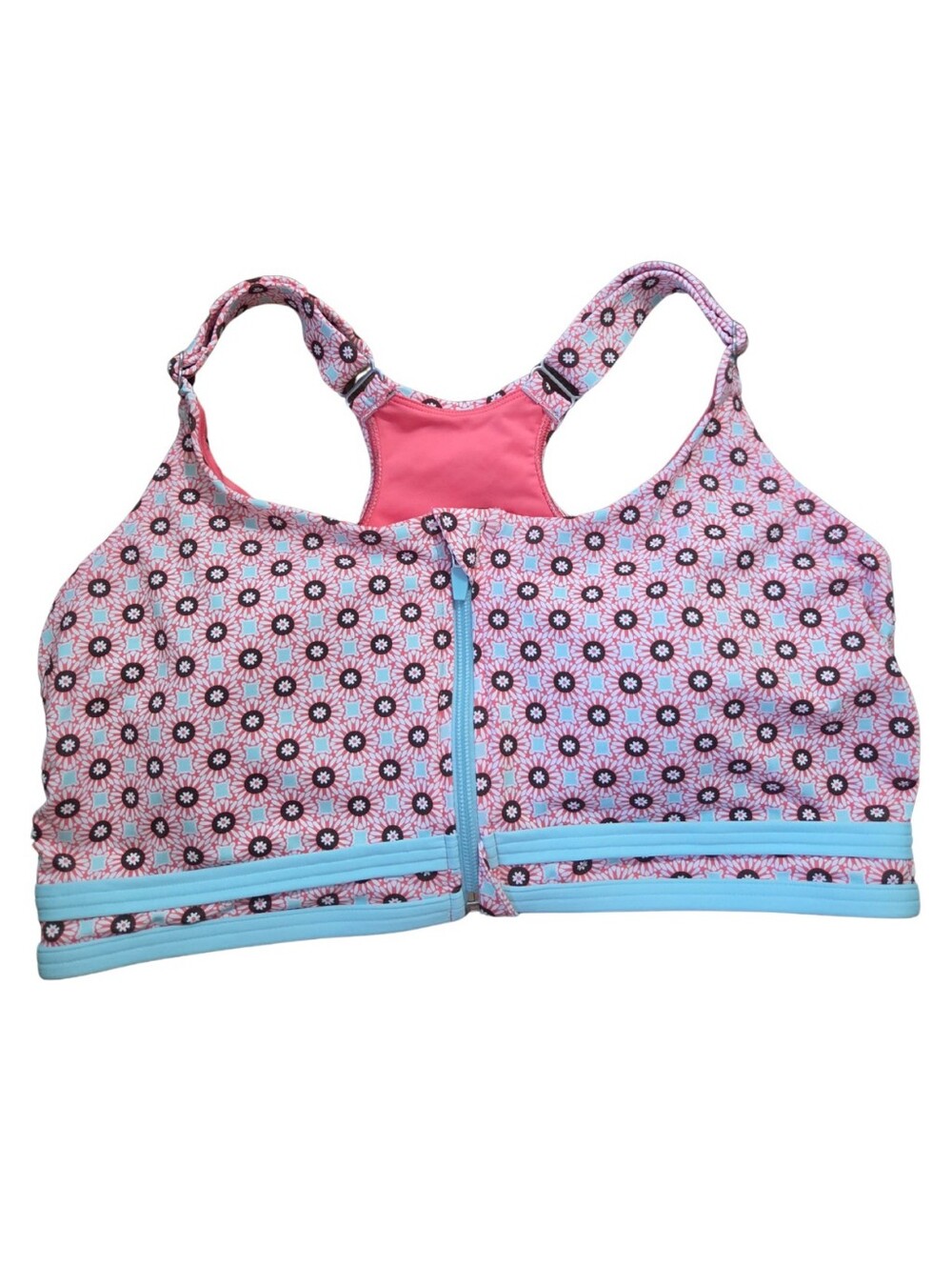 Lands' End Zip Front Bikini Swimsuit Top Womens 14 Large Blue Pink Adjustable